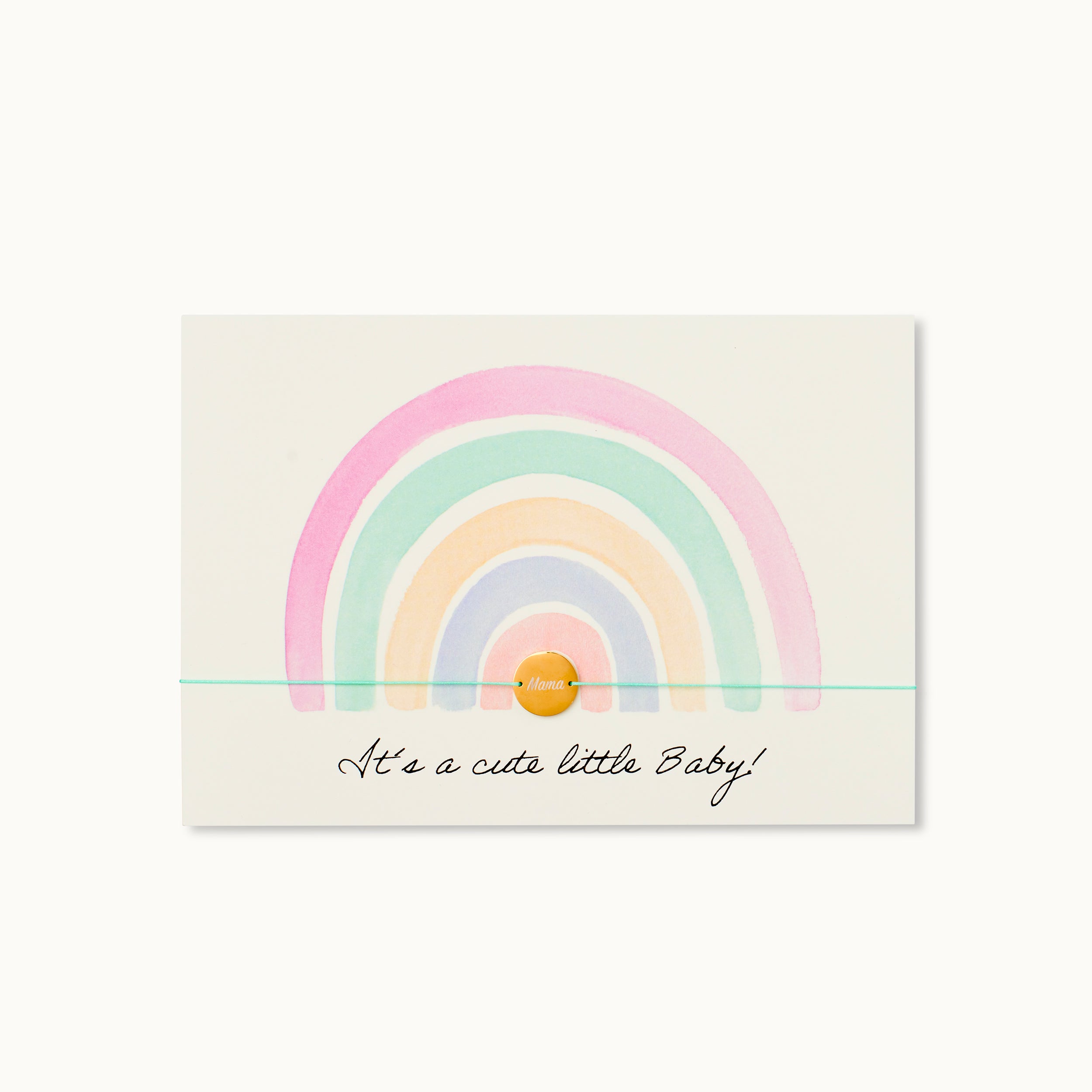 Rainbow Baby! Karte mit einem runden Anhänger mit der Inschrift 
