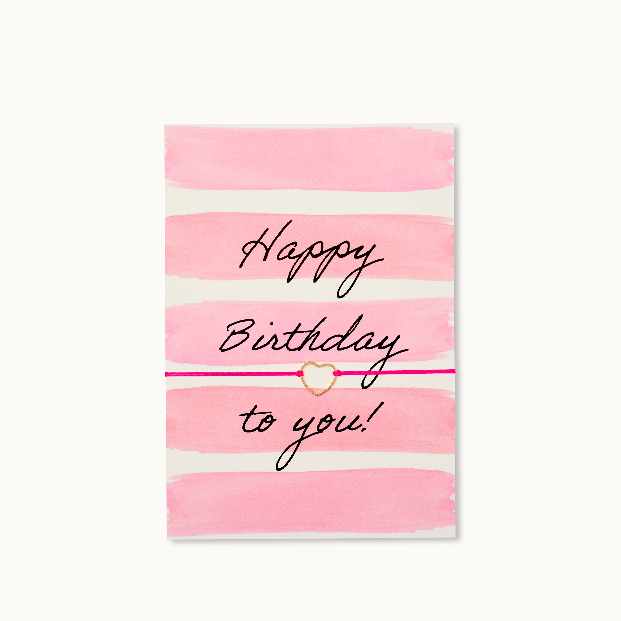 Happy Birthday to you! Karte mit einem Herz als 18K vergoldeter Anhänger an einem pinkfarbenen Armband. 