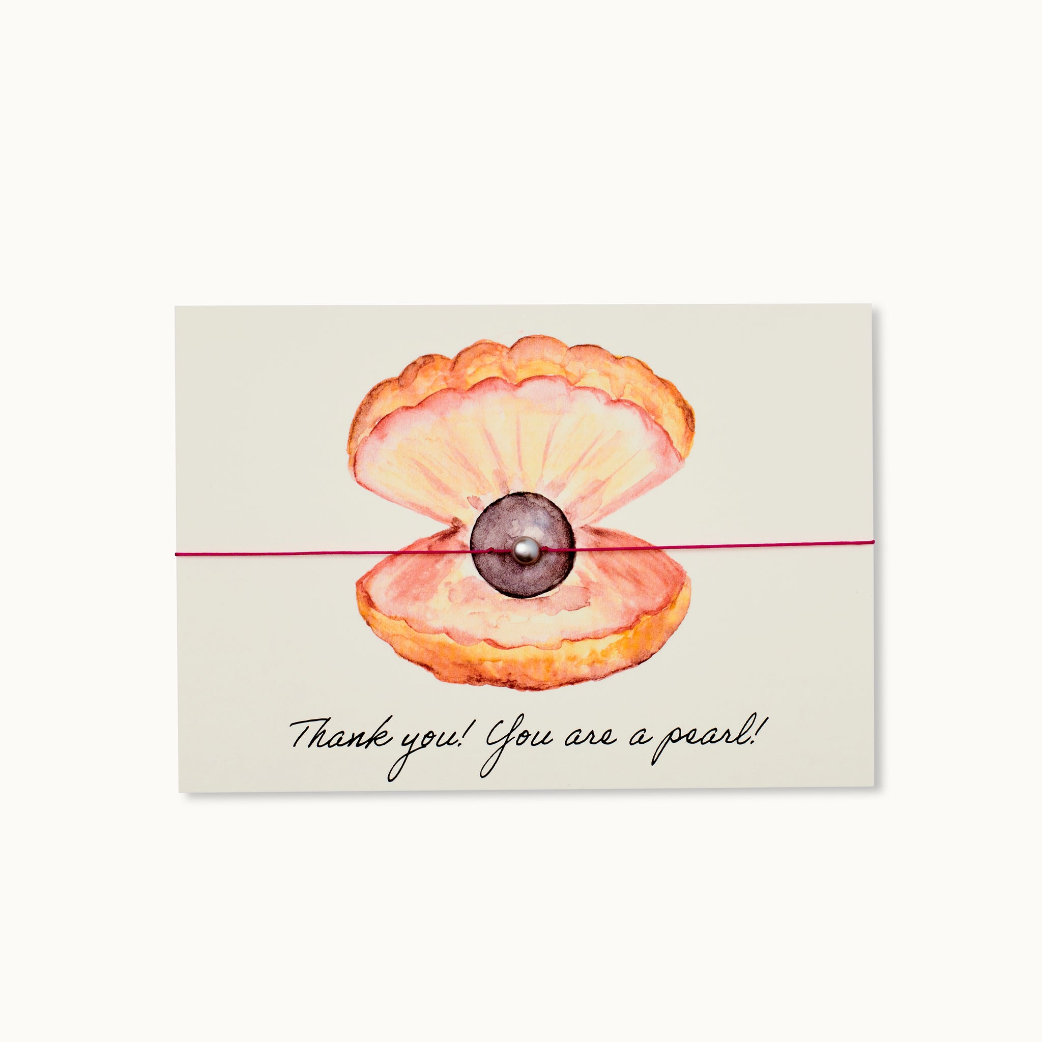 Thank you! You are a pearl! Karte mit einer echten Süßwasserperle an einem fuchsiafarbenen Armband. 