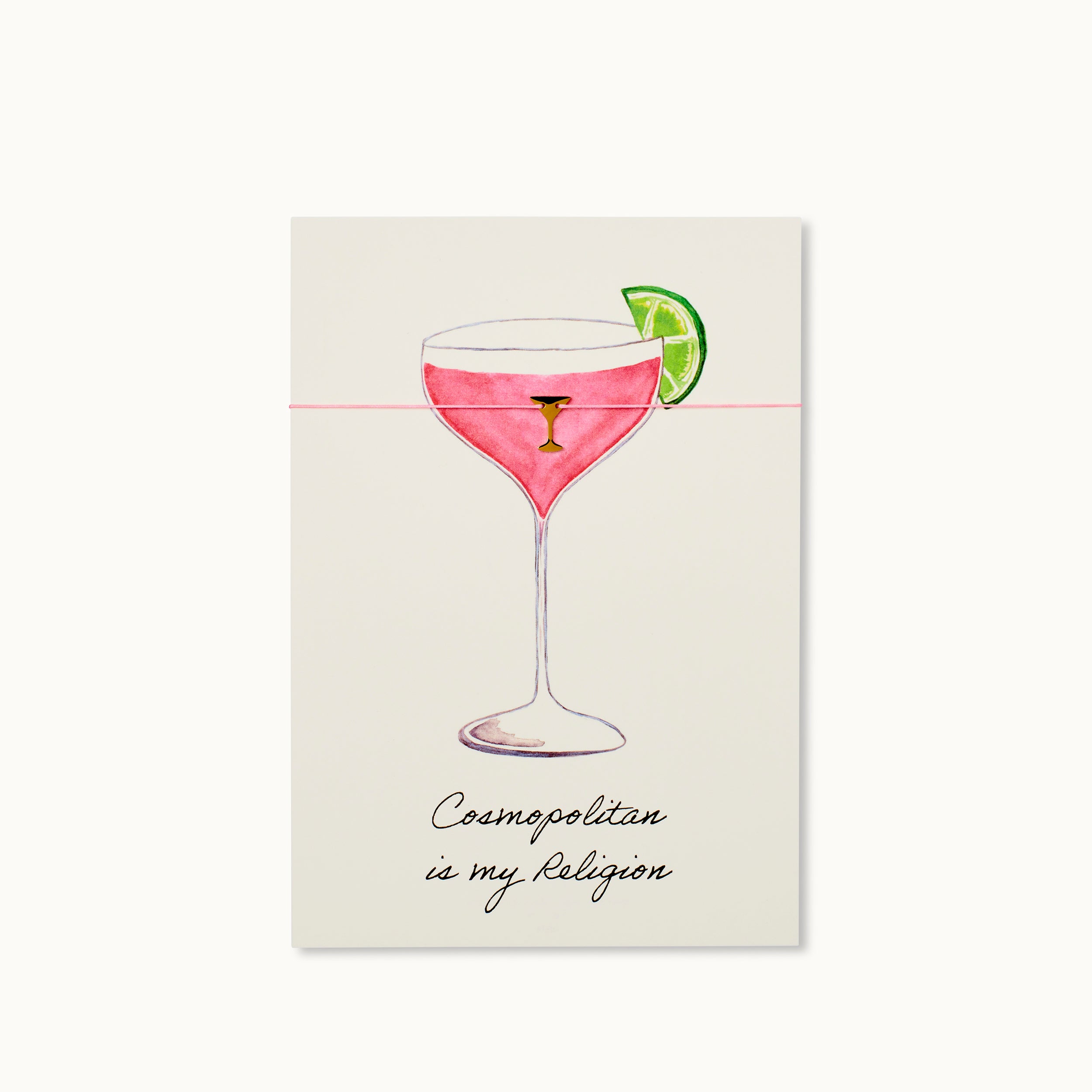  Cosmopolitan Karte mit einem Martiniglas als 18K vergoldeter Anhänger an einem pinken Armband. 